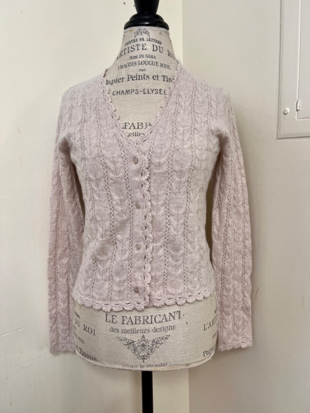 House of Harlow 1960 100% Cashmere Pointelle Oyster Heather Cardigan Sweater SzS